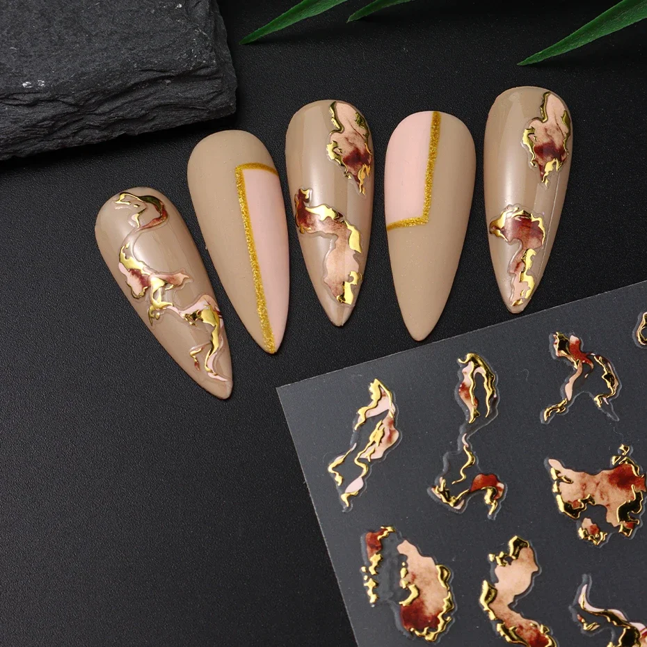 Adesivi per unghie Viola Blu Marrone Inchiostro Design Decalcomanie Decorazioni dorate Arte Gel olografico autoadesivo Cursore Forniture per manicure