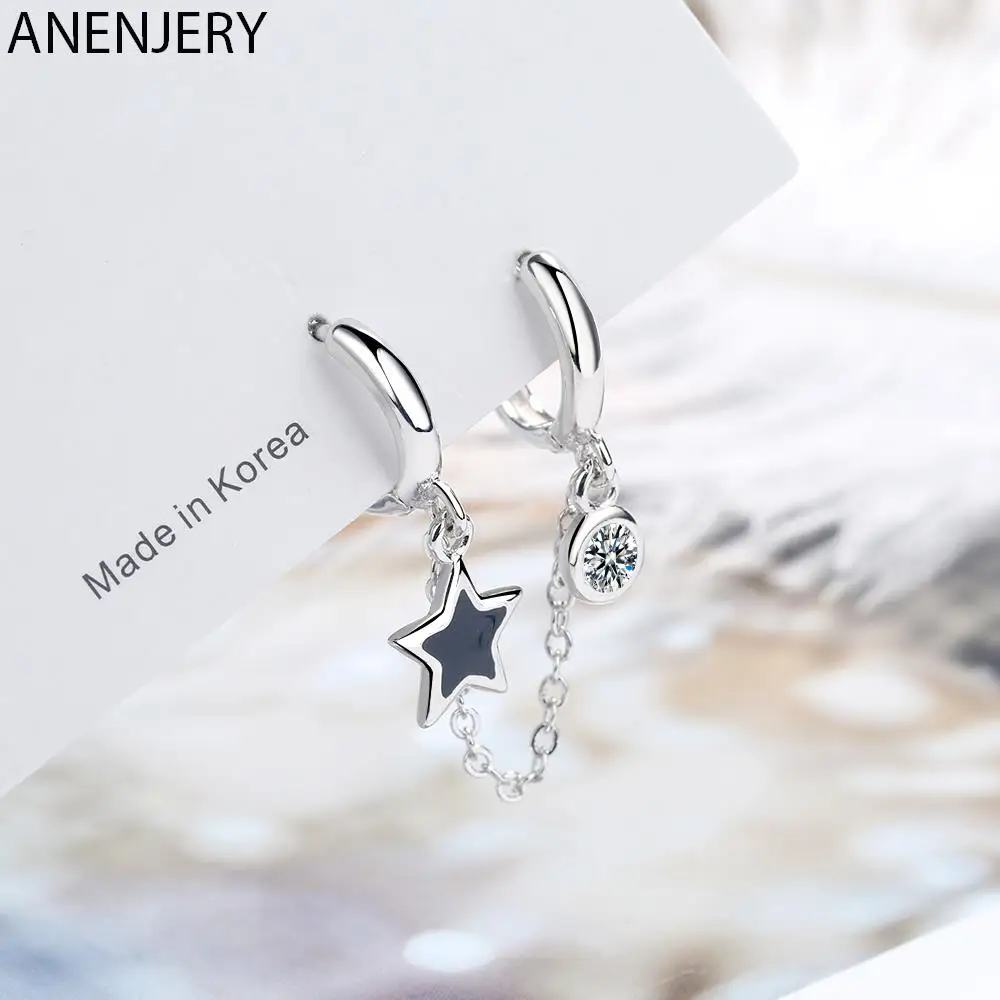 ANENJERY 1PC Silver Color Double Ear Hole Zircon Hoop Earring Black Drop Glaze Star Earring For Women Minimalist Gifts S-E1056