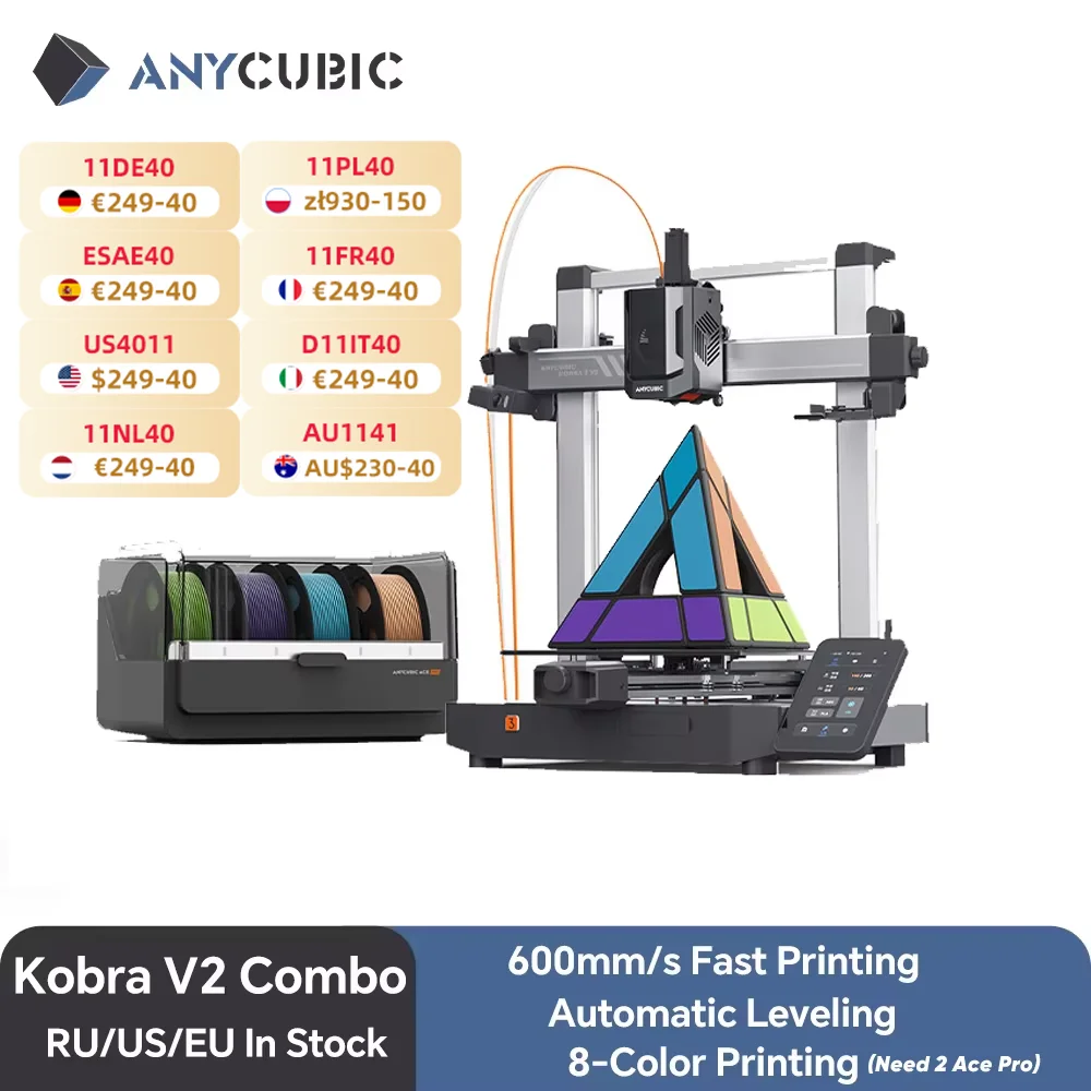 ANYCUBIC Kobra 3 V2 Combo AE Version 600 mm/s impression rapide imprimante 3D jusqu'à 8 couleurs Filament séchage automatique APP contrôle imprimante 3D