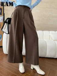 [EAM] High Waist Coffee Pleated Long Thick Wide Leg Woolen Pants New Trousers Women Fashion Tide Autumn Winter 2024 1DH7872