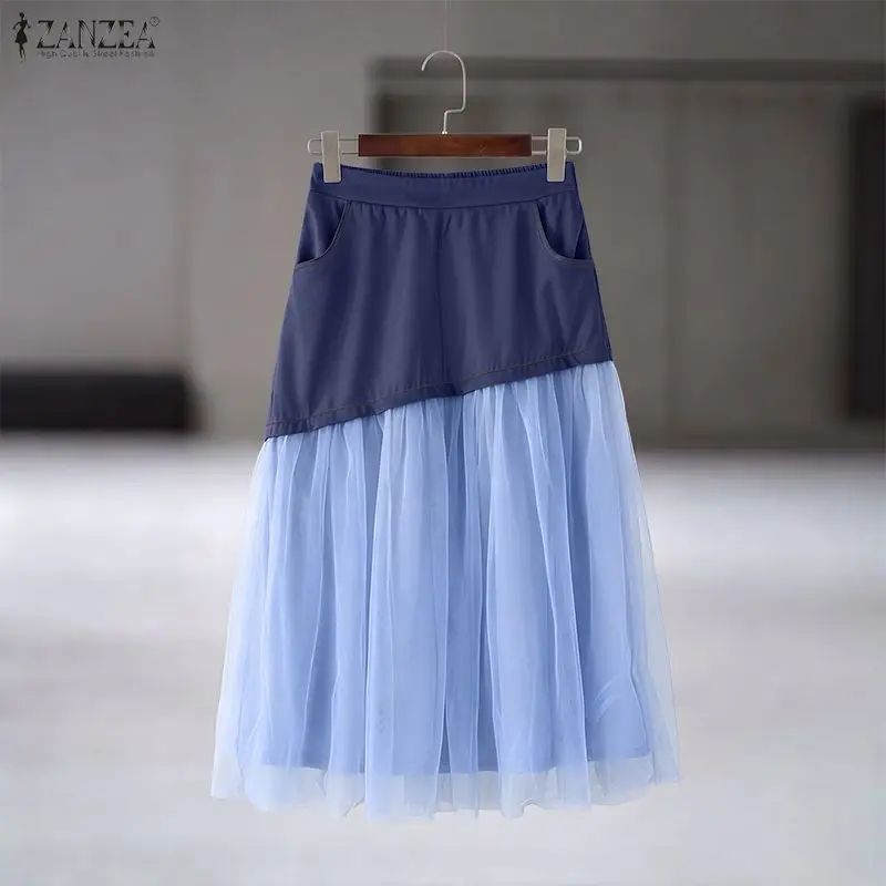 ZANZEA Women Y2K Streetwear Midi Skirt Asymmetrical High Waist Tulle Patchwork A-Line Faldas Mujer Contrast Color Elastic Waist