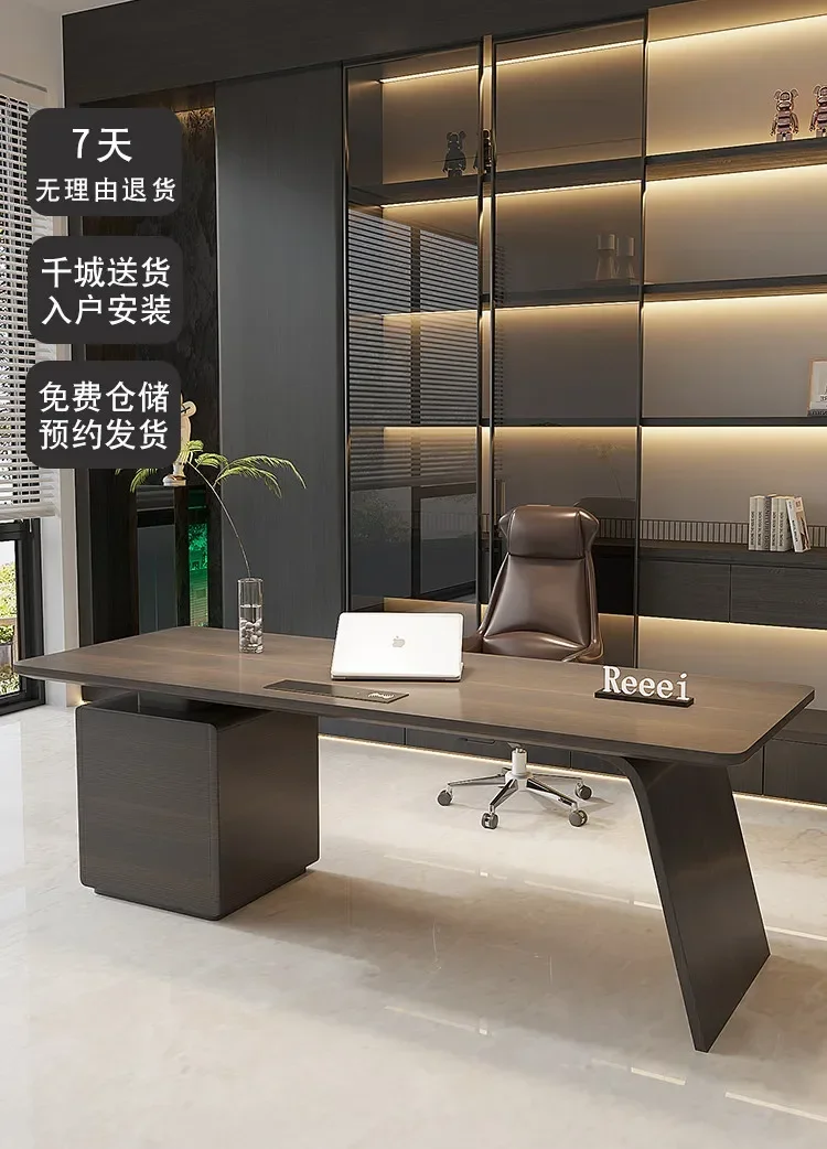 minimalist light luxury solid wood desk, living room, high-end office workbench, computer desk