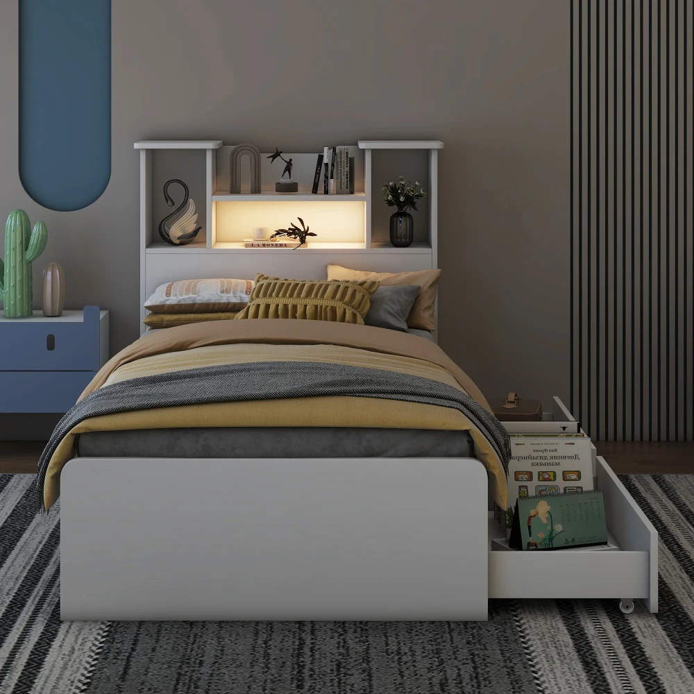 

Twin Size Storage Platform Bed Frame with 4 Open Storage Shelves and 2 Storage Drawers,LED Light,White