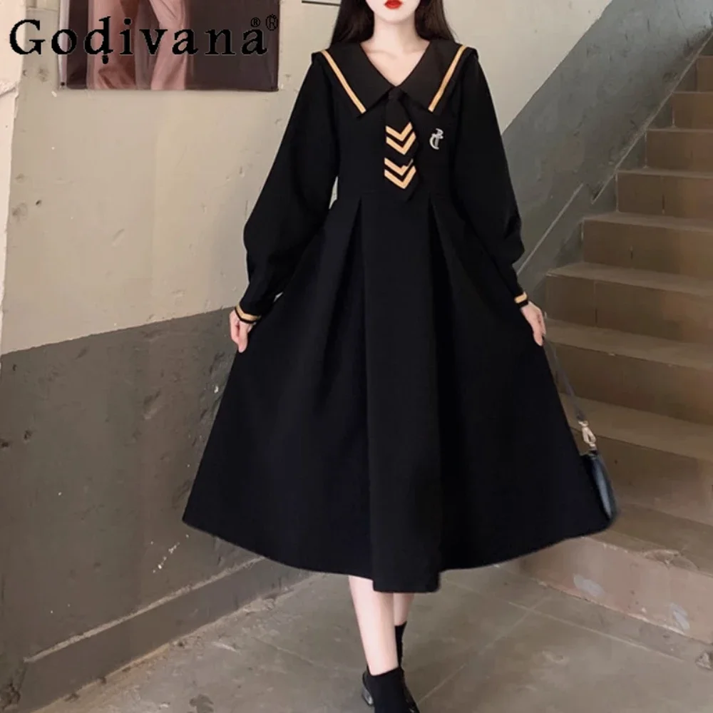 

Navy Collar Long-sleeved Small Black Dress 2024 Autumn and Winter New Large Size Japanese College Style with Tie JK Dress