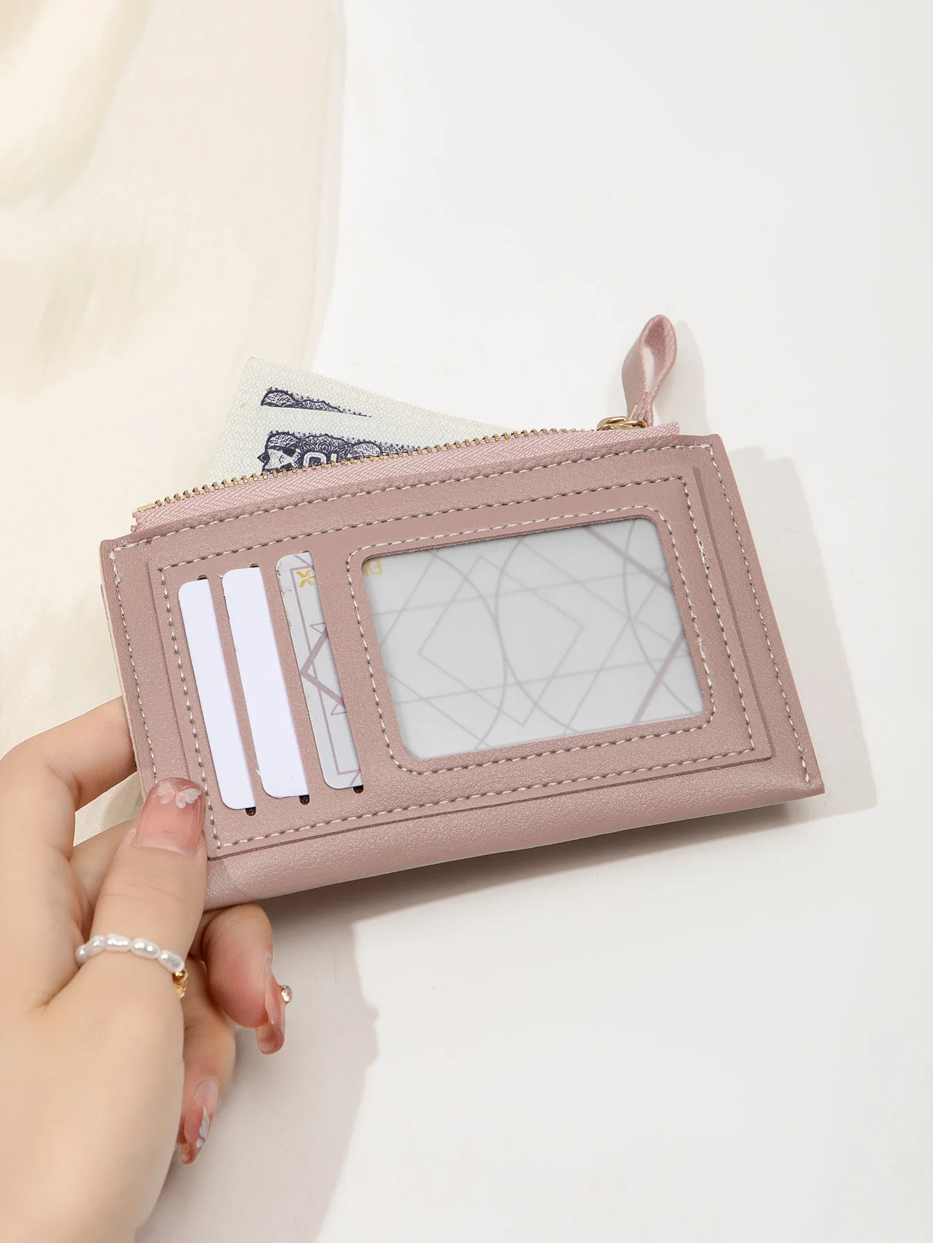 Minimalistisches, ultradünnes Portemonnaie, modisches, kontrastfarbenes, tragbares PU-Leder-Portemonnaie, Kreditkarten- und Münzfach, Mini-Reißverschluss-Portemonnaie