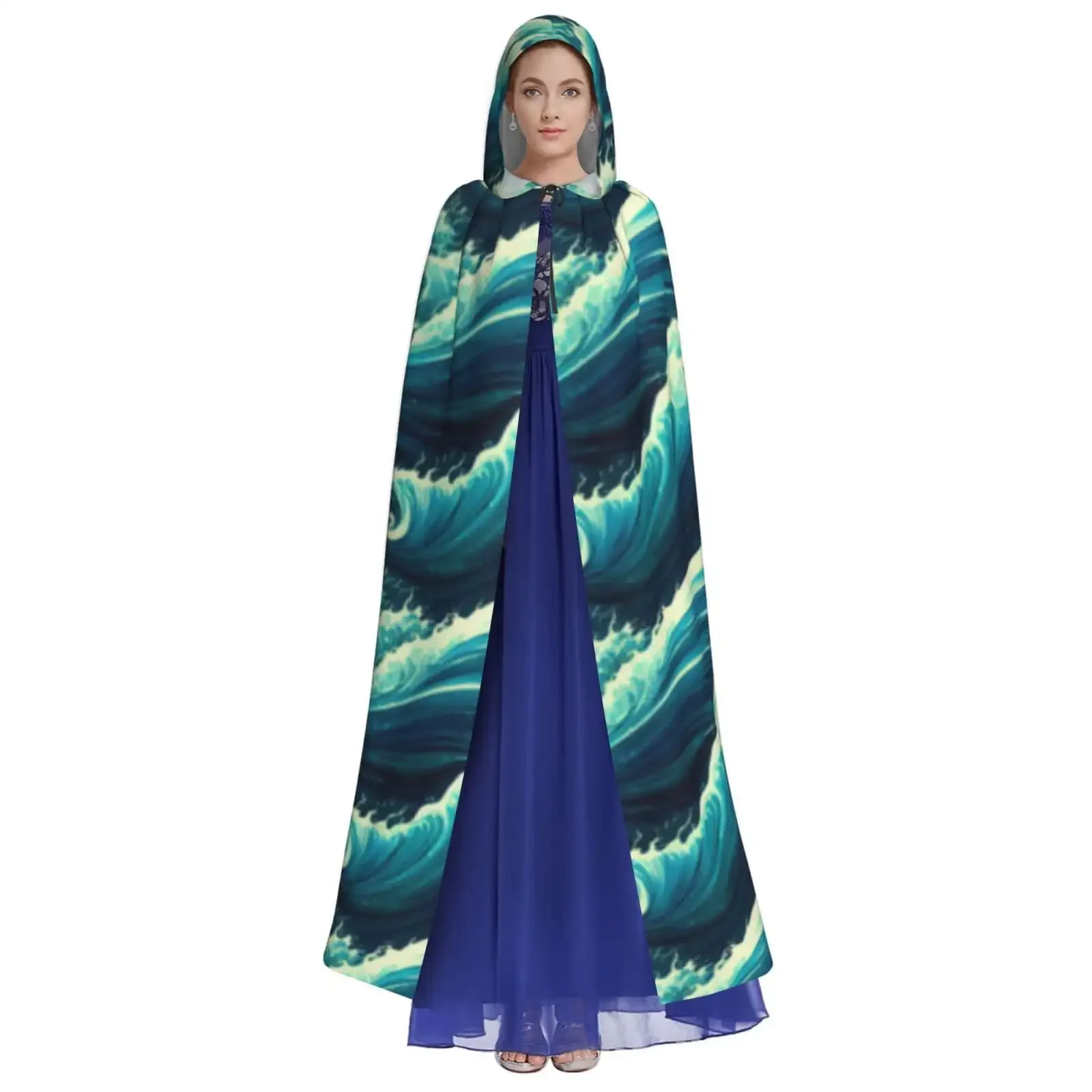 Customization Unisex Hooded Cloak Adult Lightweight Overcoat Waves Background Cloak For Halloween Cosplay Costumes