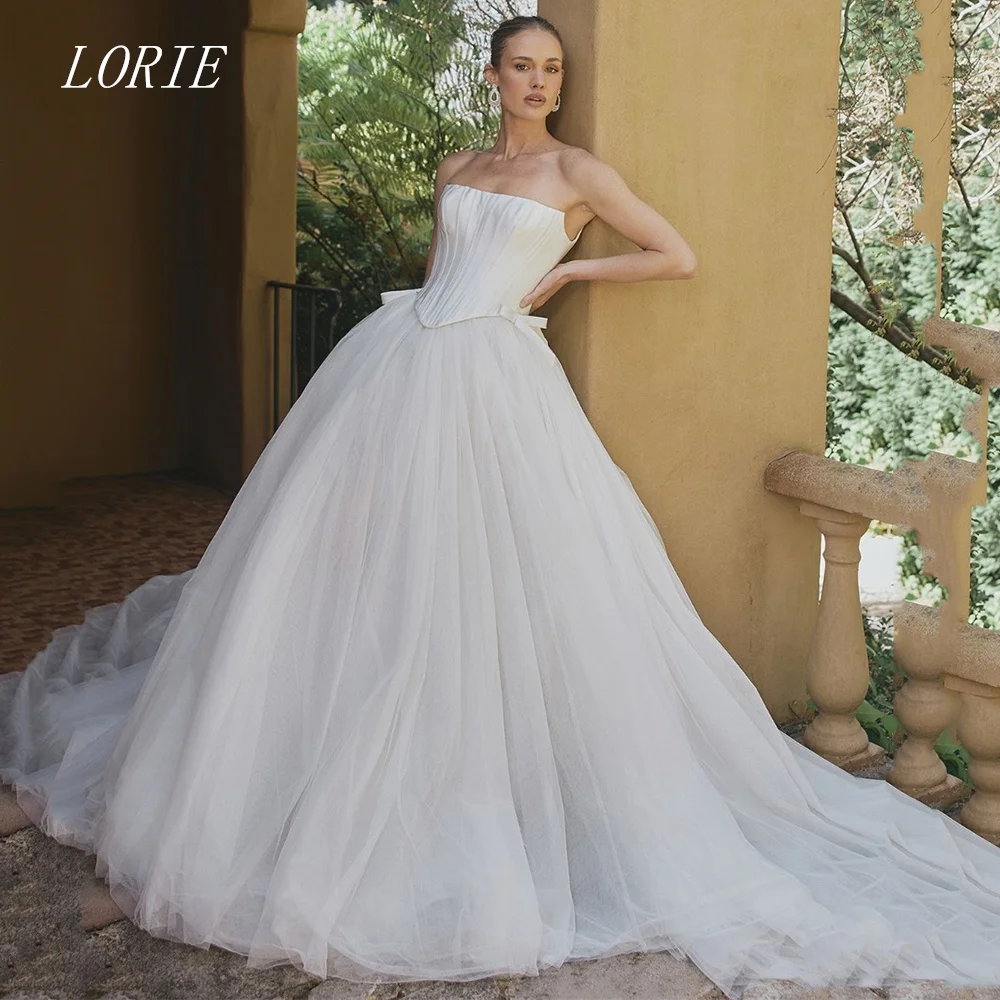 LORIE فستان زفاف فاخر بدون أكمام على شكل حرف A فساتين زفاف كلاسيكية بدون حمالات أنيقة بفيونكة ثوب زفاف مخصص 2026