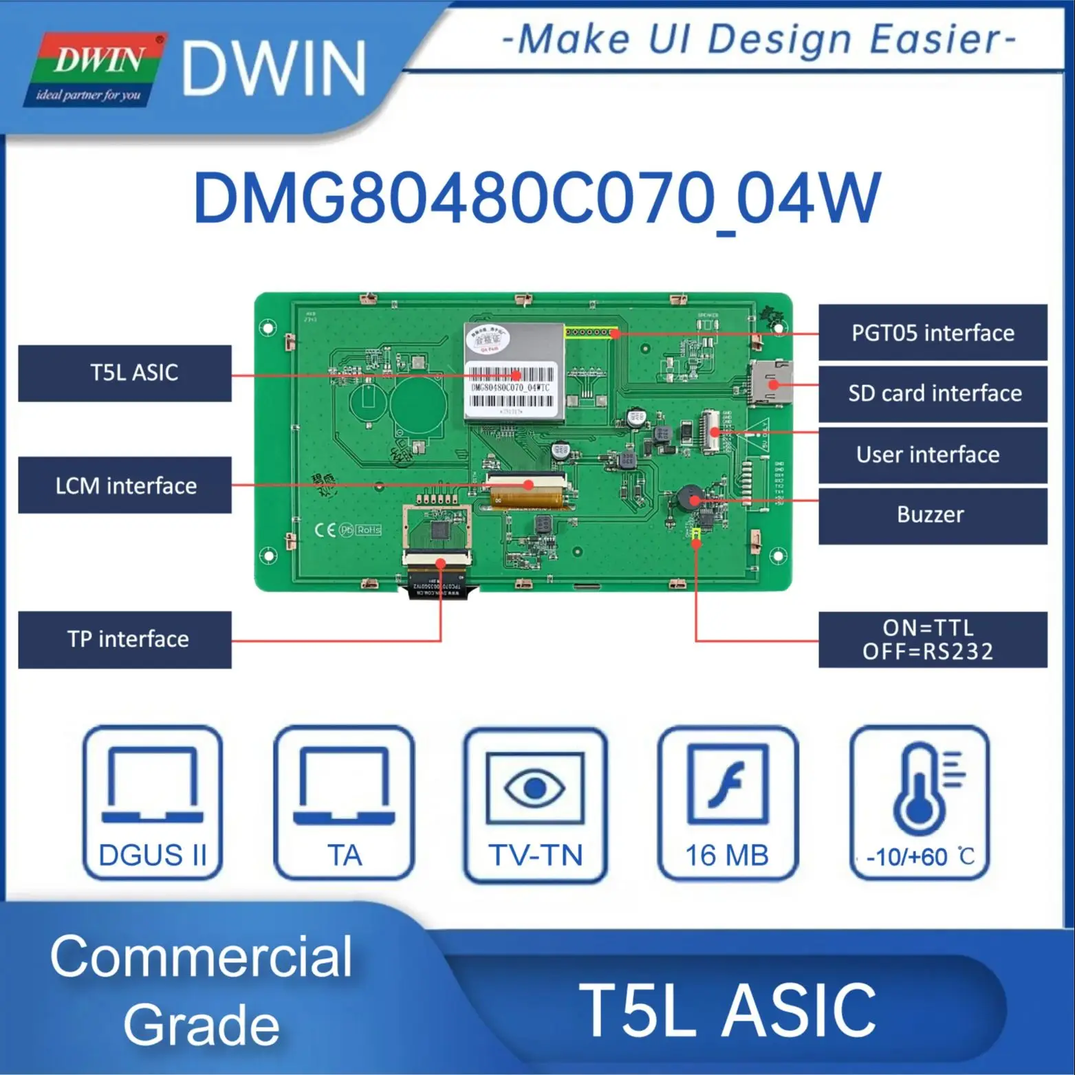 Dwin 7.0-Inch Uart Tft Touch Module Hmi Display 800*480 Commerciële Grade 262K Kleuren Rgb Interface TV-TN-TFT-LCD Smart Screen