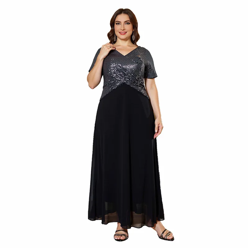 

Elegant Sequined V-neck Long Chiffon Formal Evening Dress Black