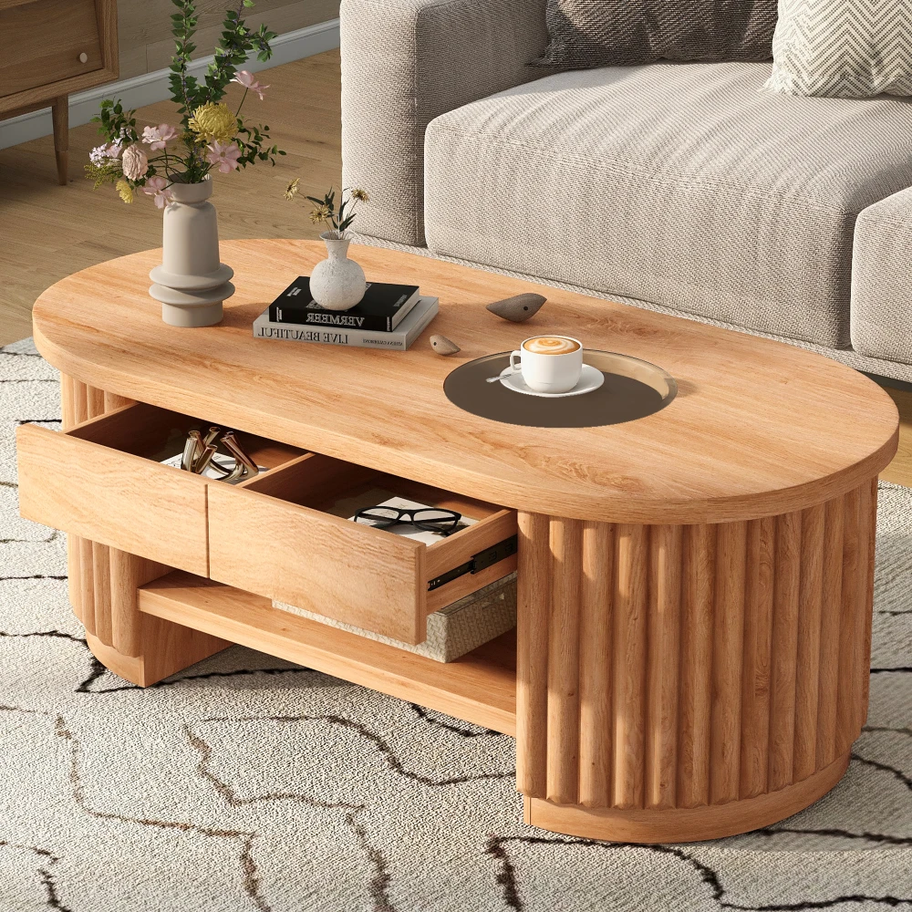 Mid-Century Modern Fluted Oval Coffee Table, 2-Tier Wooden Cocktail Table with Drawers Storage Center Table for Living Room