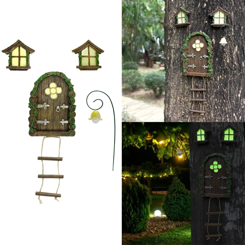 

Luminous Window Door Miniature Fairy Yard Art Sculpture Statue for Tree Outdoor Home Decor Resin Craft Garden Decoration B03E