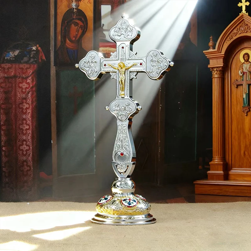 Two-Tone Gold & Silver Orthodox Standing Cross Engraved Crucifix Icon Premium Church Altar Cross for Liturgy&Spiritual Devotion