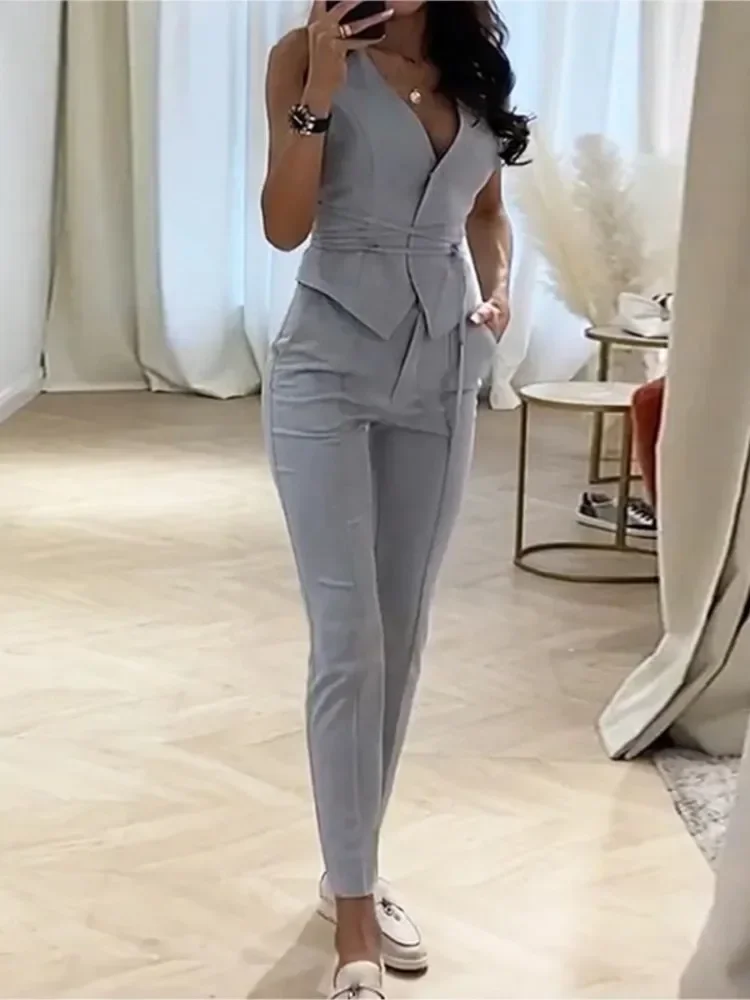 

Two Piece Set For Women V-neck Slim Sleeveless Leace-up Tops Tight Long Pants Ladies Sets 2023 Spring Summer New Offce Commuting