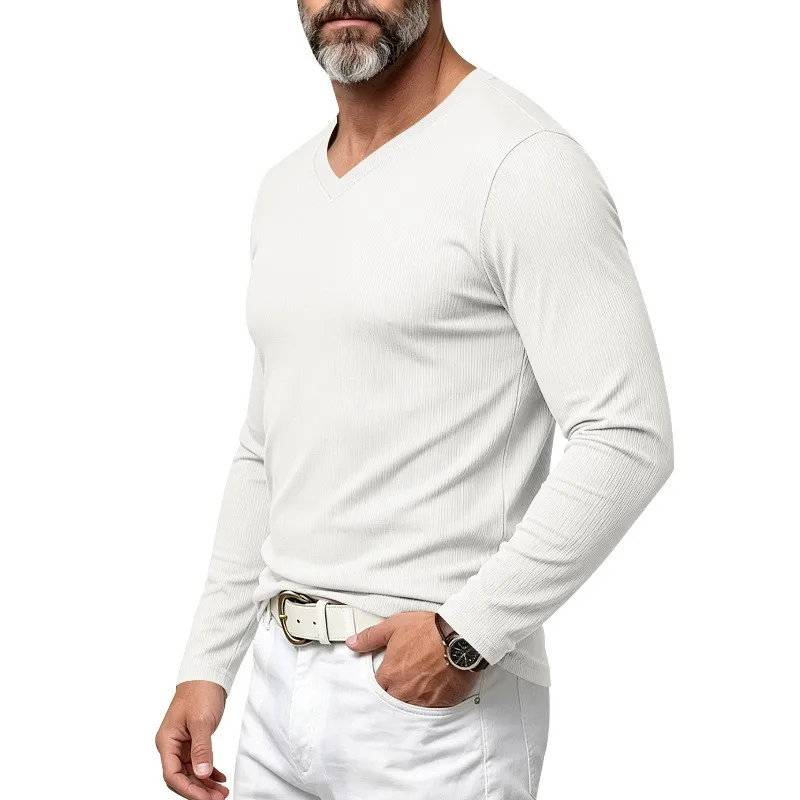Herren Einteiliges Herbst- und Winter-Unterhemd mit V-Ausschnitt, Lässiges Loses Strick-Langarm-T-Shirt, Weiches und Dehnbares Basic-Layering-Oberteil – Detail 6