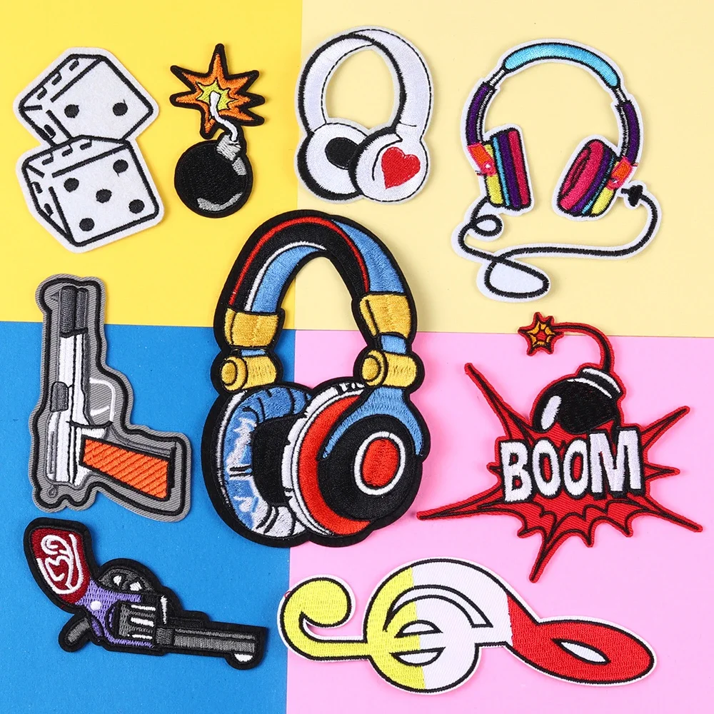 Cartoon Music Boom bomb Patches Iron On note , Headset, dice, Pistol Embroidery Applique Clothes Badges Clothing Accessories