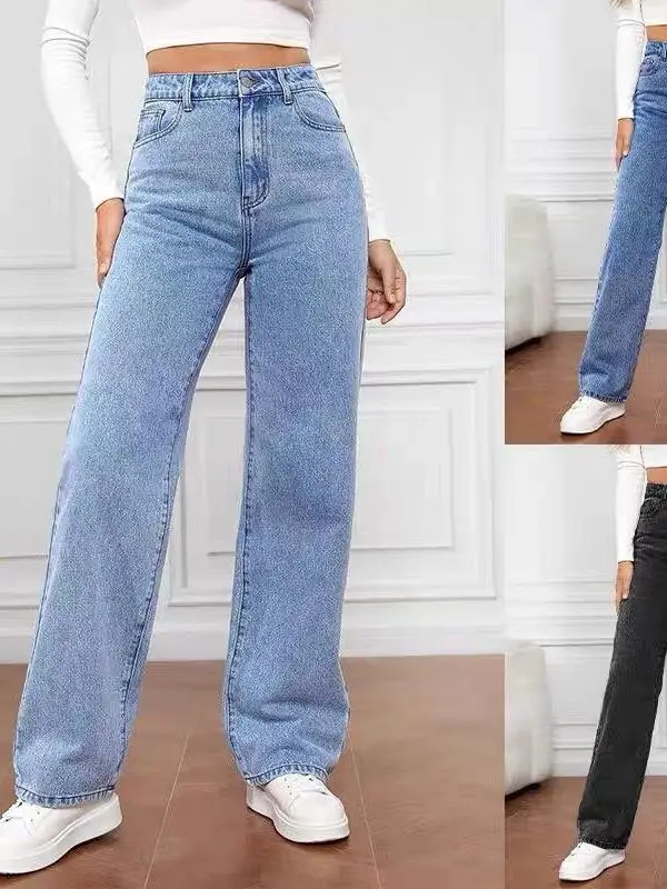

High Waist Wide Leg Jeans Women's Light Washed Loose Fit Large Size Straight Cut Trousers Casual Comfortable Polyester Fiber