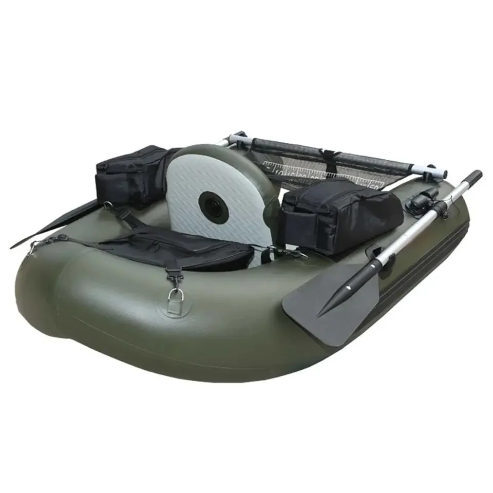 Army Green Belly Boat With Inflatable Seat, 2 Rod Holders, And Storage Pockets For Carp Fishing