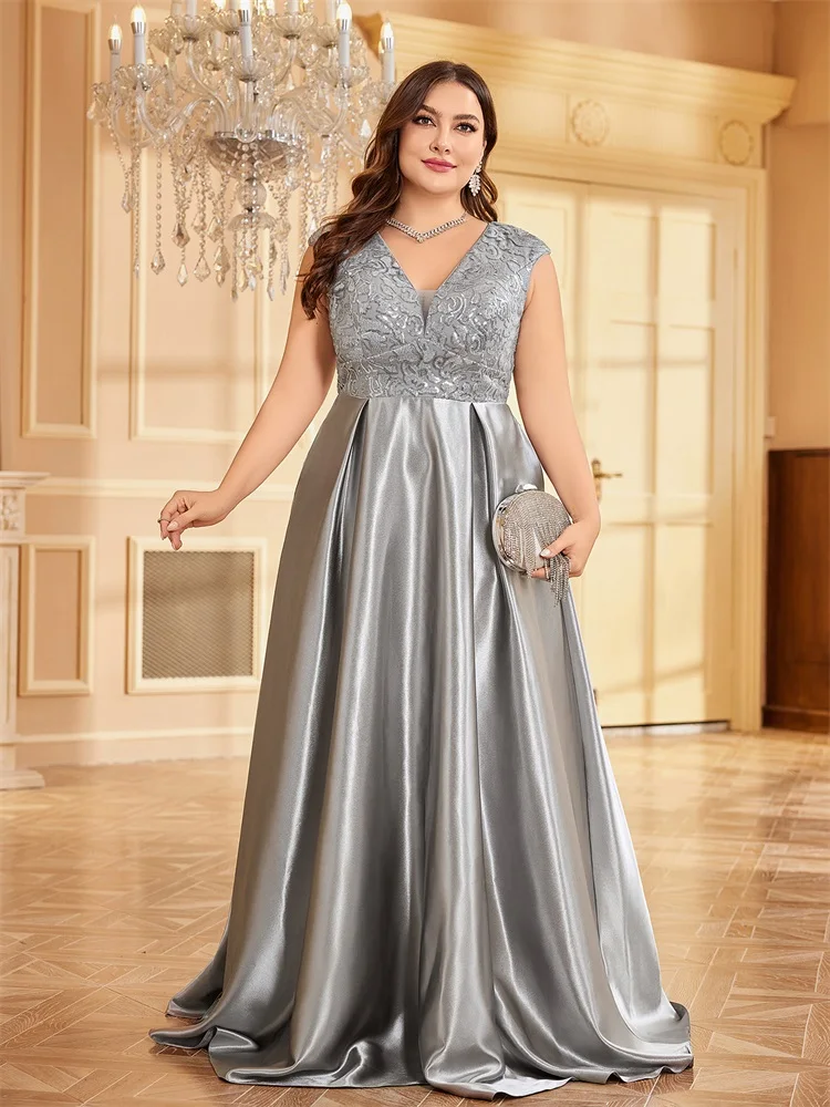 XUIBOL Plus Size Luxury Grey Satin V-Neck Evening Dress Elegant 2024 Women Wedding Party Prom Floor Lenght Cocktail Dress