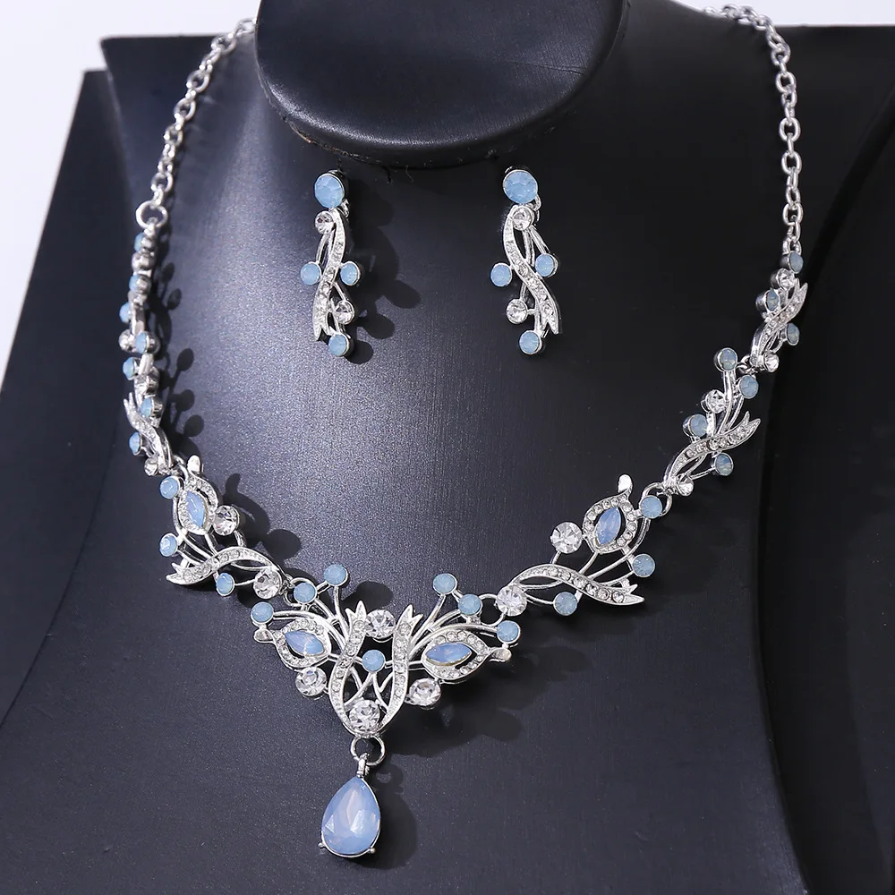 KMVEXO Bride Wedding Opal Crystal Necklace Earring Set Ladies Rhinestone Peacock Jewelry Sets Suitable for Party Festivals