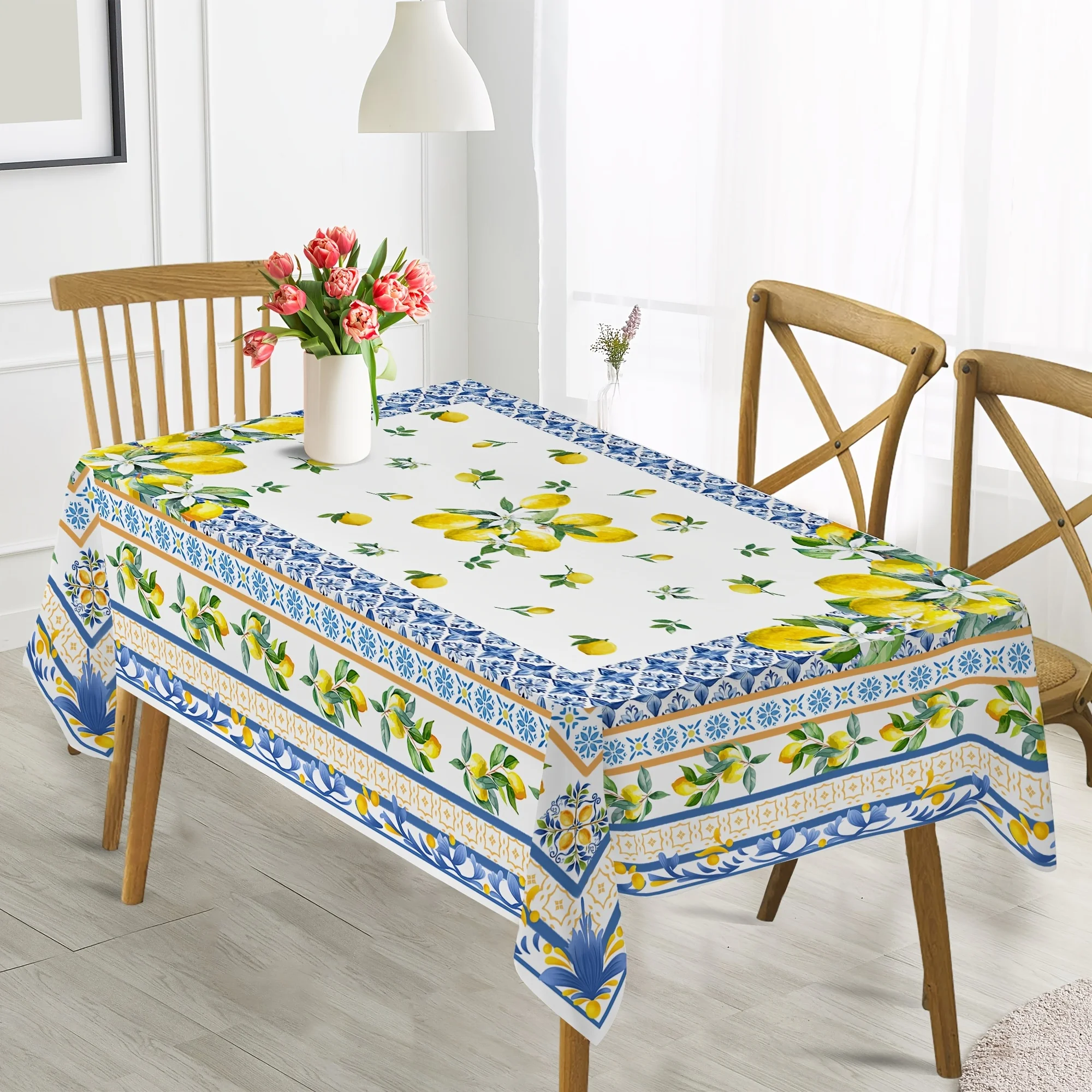 Elegant Mediterranean-Inspired Tablecloth with Fresh Lemon & Blue Floral Design - Polyester, Machine Washable for Dining Room, Living Room, Outdoor Decor