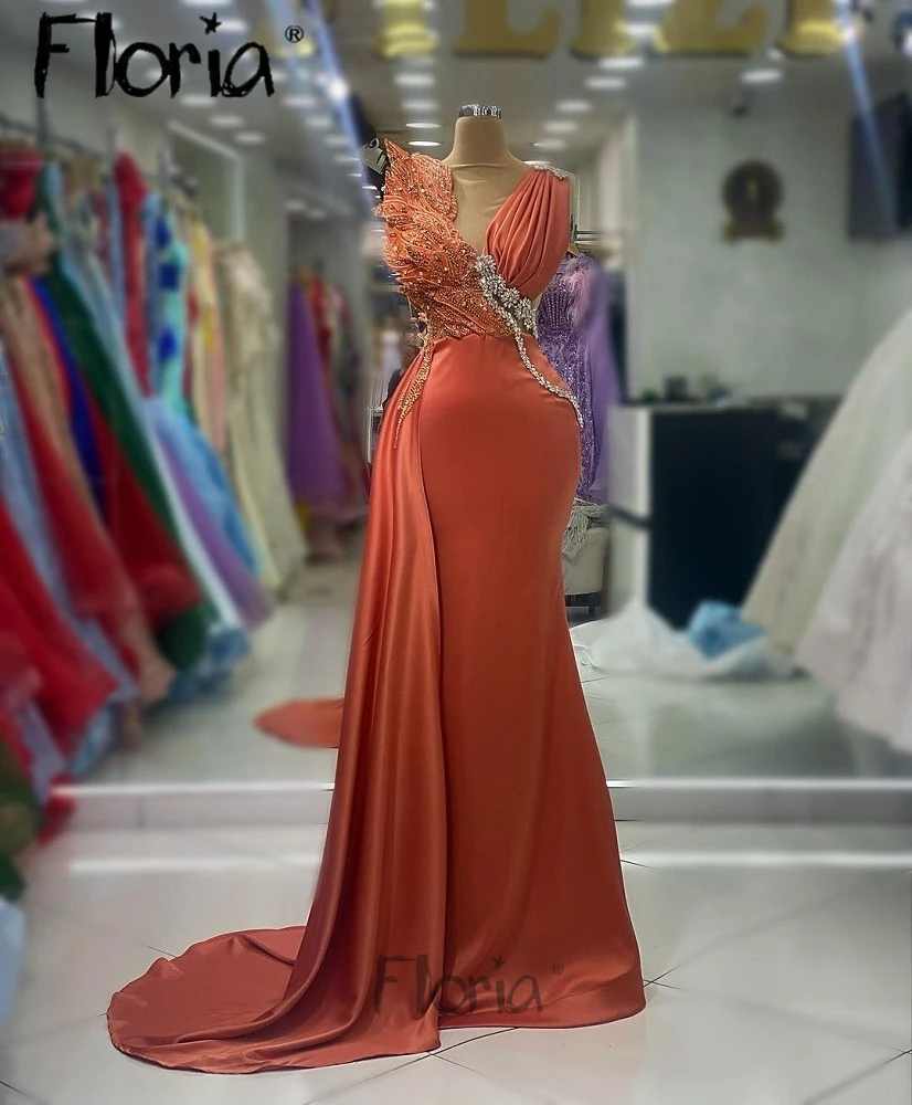 African Orange Wedding Party Dress Long Celebrity Dresses Elegant 2023 Night Dinner Gowns  Robe Soirée Female Satin Side Train