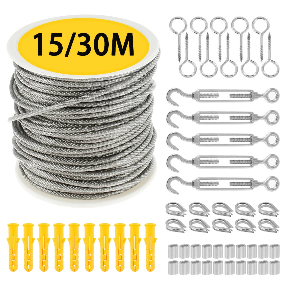 15M/30M Stainless Steel Cable Rope Kit Heavy Duty Garden Wire Cable Railing Wire Fence Roll for Outdoor Tent 304 PVC Coated