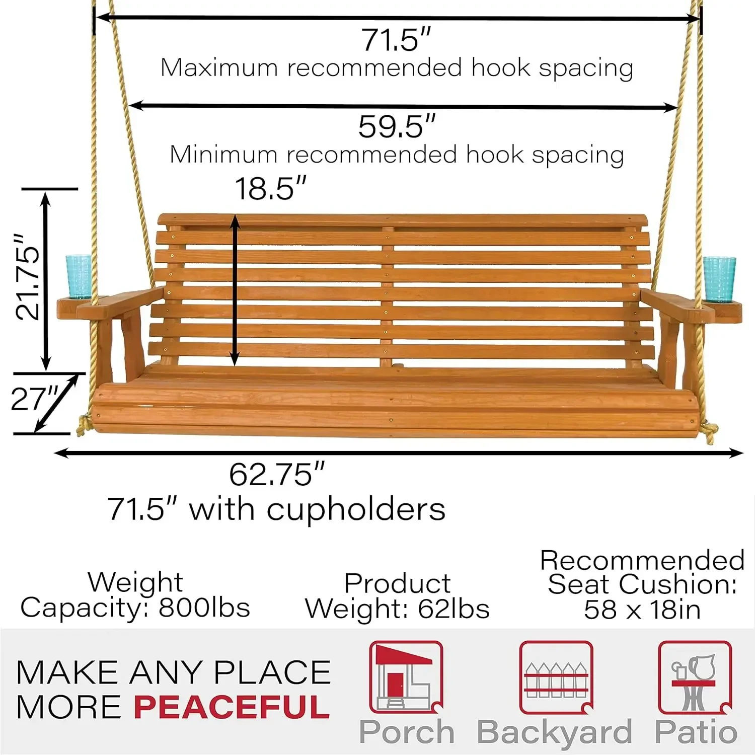 Amish Casual Heavy Duty Porch Swing, Roll Back Tratado com Cordas Penduradas e Cupholders, 800 Lb, 5 Pés, Cedro Stain