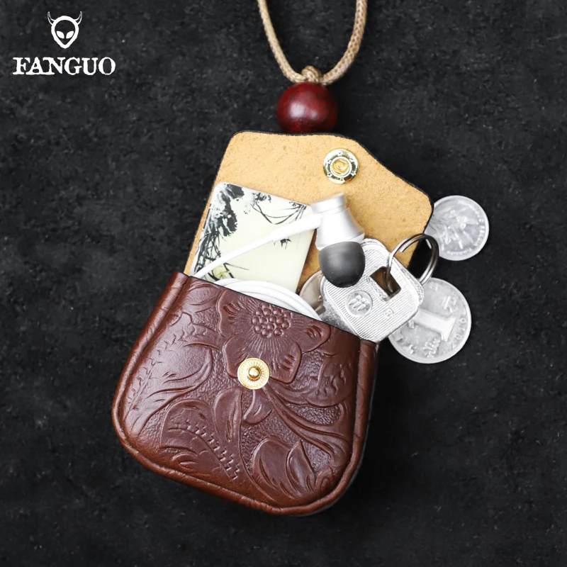 Retro Cowhide Case For AirPods 1/2/3/4 With Lanyard Small Storage Bag Genuine Leather Mini Coin Pouch