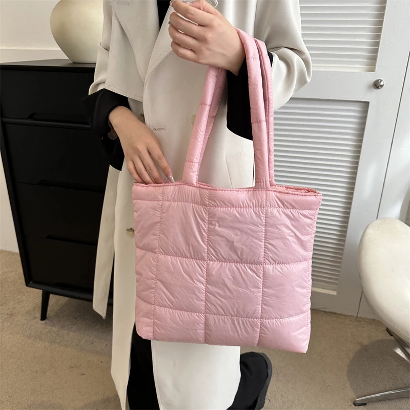 Puffer Tote Bag For Women Cotton Padded Shoulder Bag Large Capacity Ladies Puffy Handbags Pikowana torba na zakupy do pracy