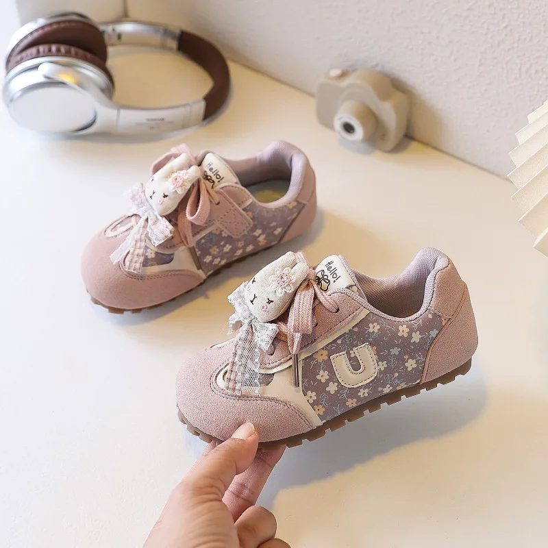 New Cartoon Rabbit Girls Cute Sneakers Floral Print Children Causal Shoes Plaid Bow Kids School Sports Shoes Non-Slip Breathable