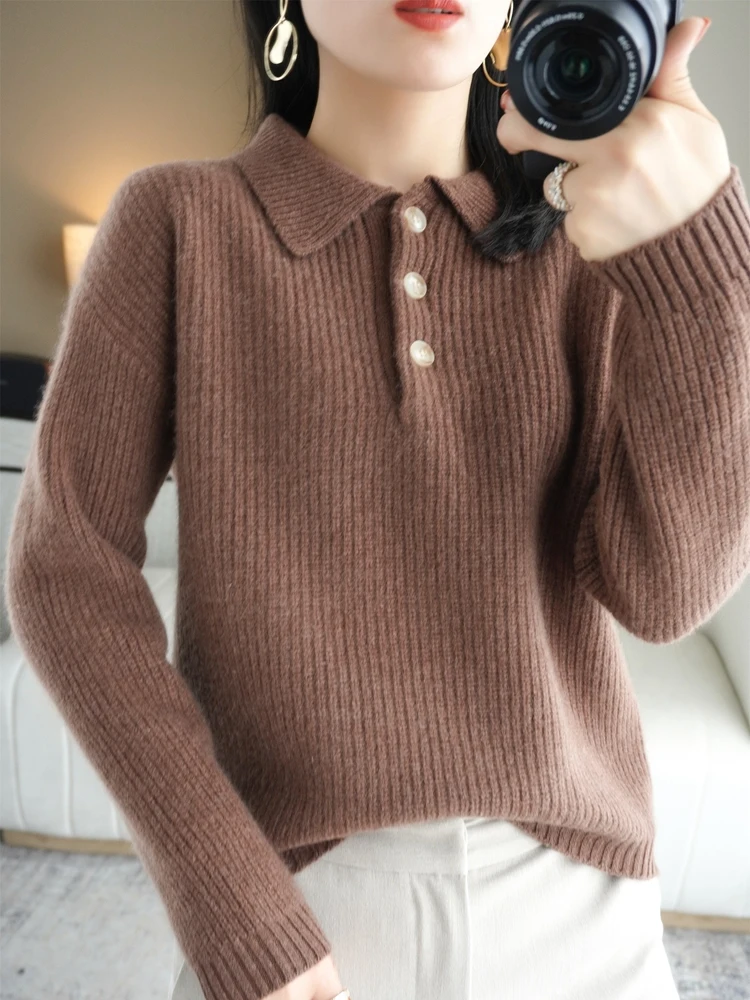 

Autumn Winter 100% Pure Merino Wool Polo Sweater For Women Pullover Cashmere Knitwear Female Clothing Basic TOP