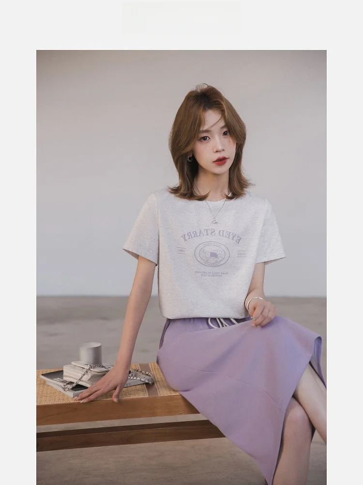 

Модный повседневный женский комплект с принтом, лето 2022, фиолетовая футболка и юбка, костюм из двух предметов, круглый полиэстер Ne ort Sve