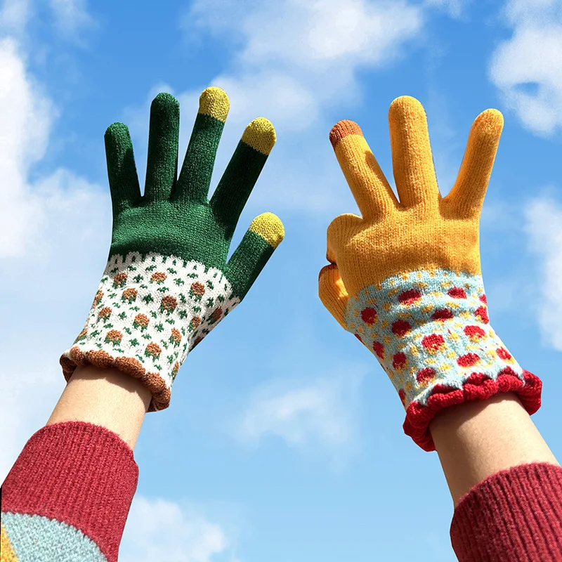 Knitted Full Gloves Winter Thicken Warm Touch Screen Gloves Woman floral print Gloves Warm Girls Cycling Mittens Accessory Gift