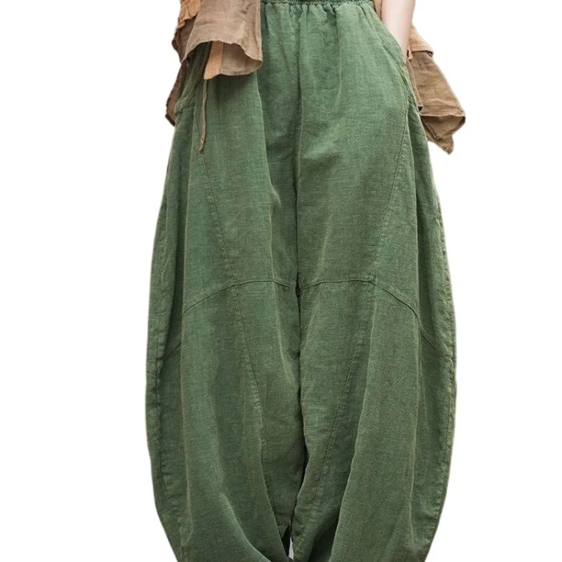 

Elegant Women's Cotton Linen Baggy Cargo y2k Pants Vintage Elastic Waist Trousers Loose Casual Long Wide Leg Oversize Clothes