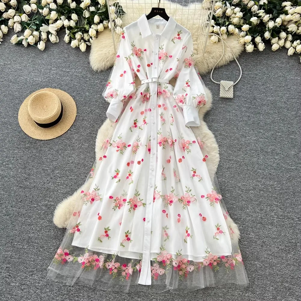 

Hollow Out Embroidery Patchwork A-line Long Dress Elegant Women Long Sleeve High Waist Lapel Pleated Dresses Holiday Mesh Robe