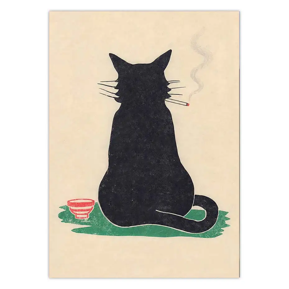 Black Cat Smoking a Cigarette Vintage Poster Wall Art Canvas Print Retro Whimsical Funny Animal Quirky Kitchen Wall Decor Gift