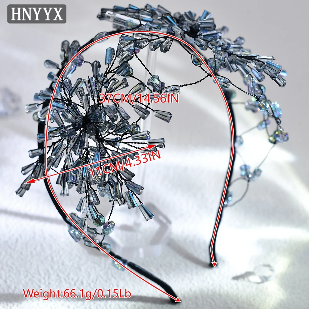 HNYYX Blue Crystal Crown Fashion Headband for Women Luxury Beaded Flower Hair Hoop Vintage Hair Accessories Wedding Tiara A112