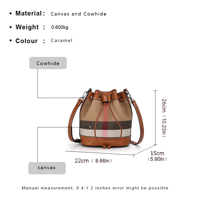 New Women\'s Trendy High end Bucket Bag 2024 Canvas with Cowhide Plaid Luxury One Shoulder Crossbody Bag