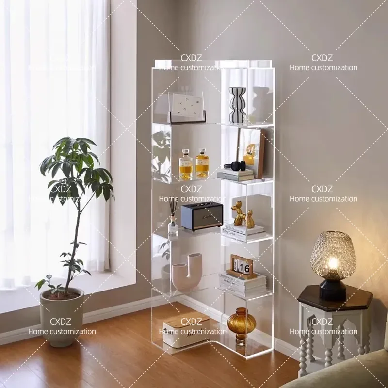 Acrylic Corner Shelf Floor Standing Bookcase Simple Multi Layer Storage Rack for Living Room Home Organization Display Unit