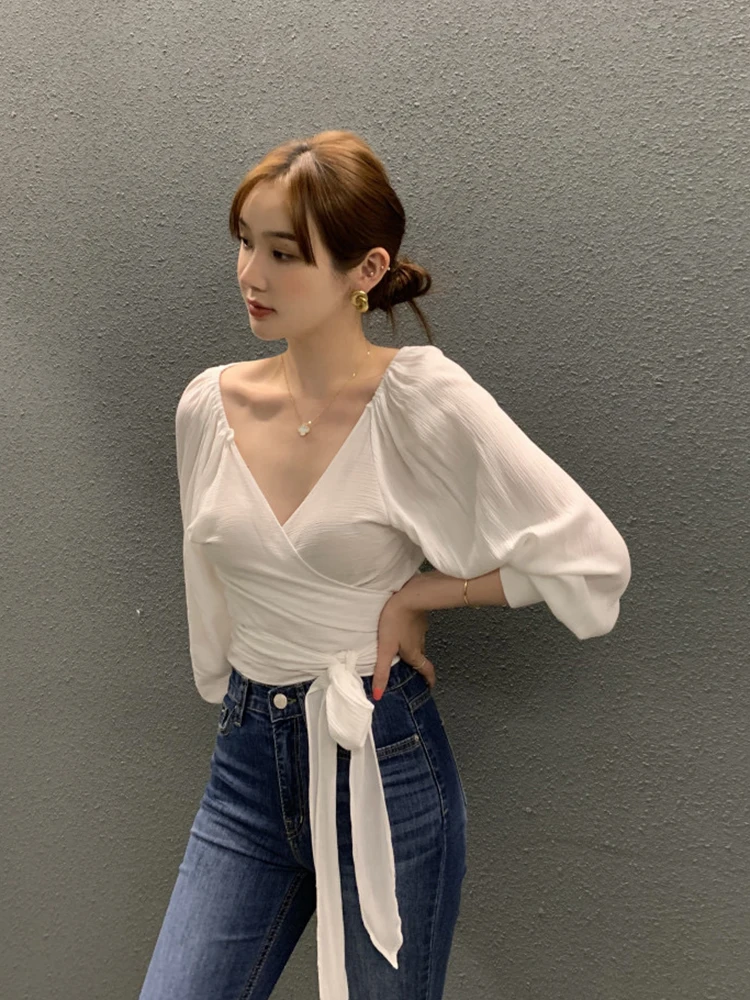 Chic Early Autumn ort Waist-Cinching Long Sve Large V-Nebone Exposure Belted Slimming Pure Color irt for Women