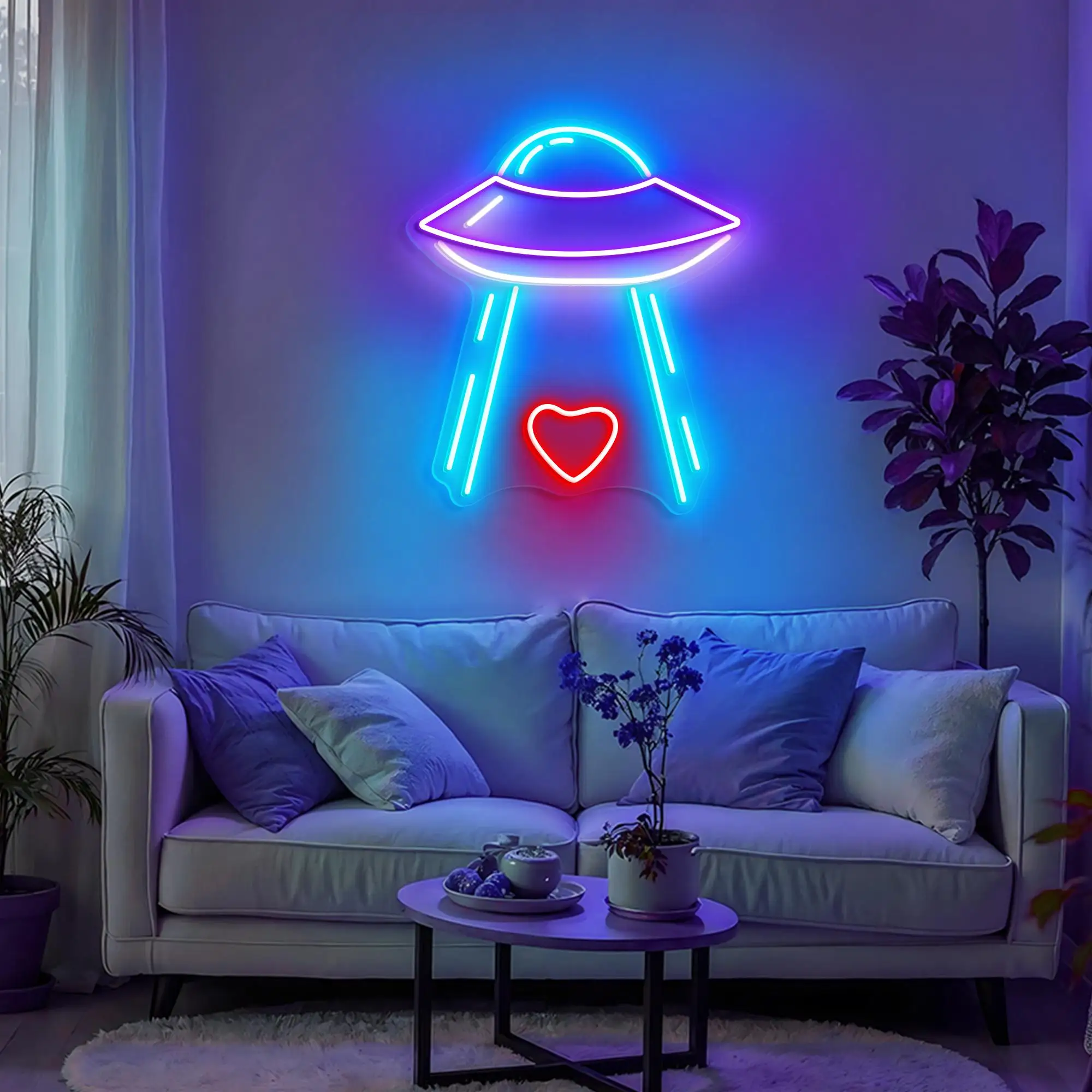 Heart with Spaceship Neon Sign UFO Neon Wall Art Decor Valentines Gift for Bedroom Space Modern Sci-fi Man Cave Decor
