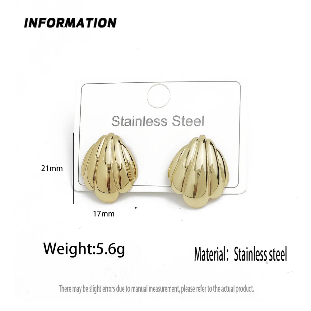 Stainless Steel Ridged Shell Stud Earrings Gold Tone Glossy Seascape Statement Ear Jewelry for Women Summer Beach