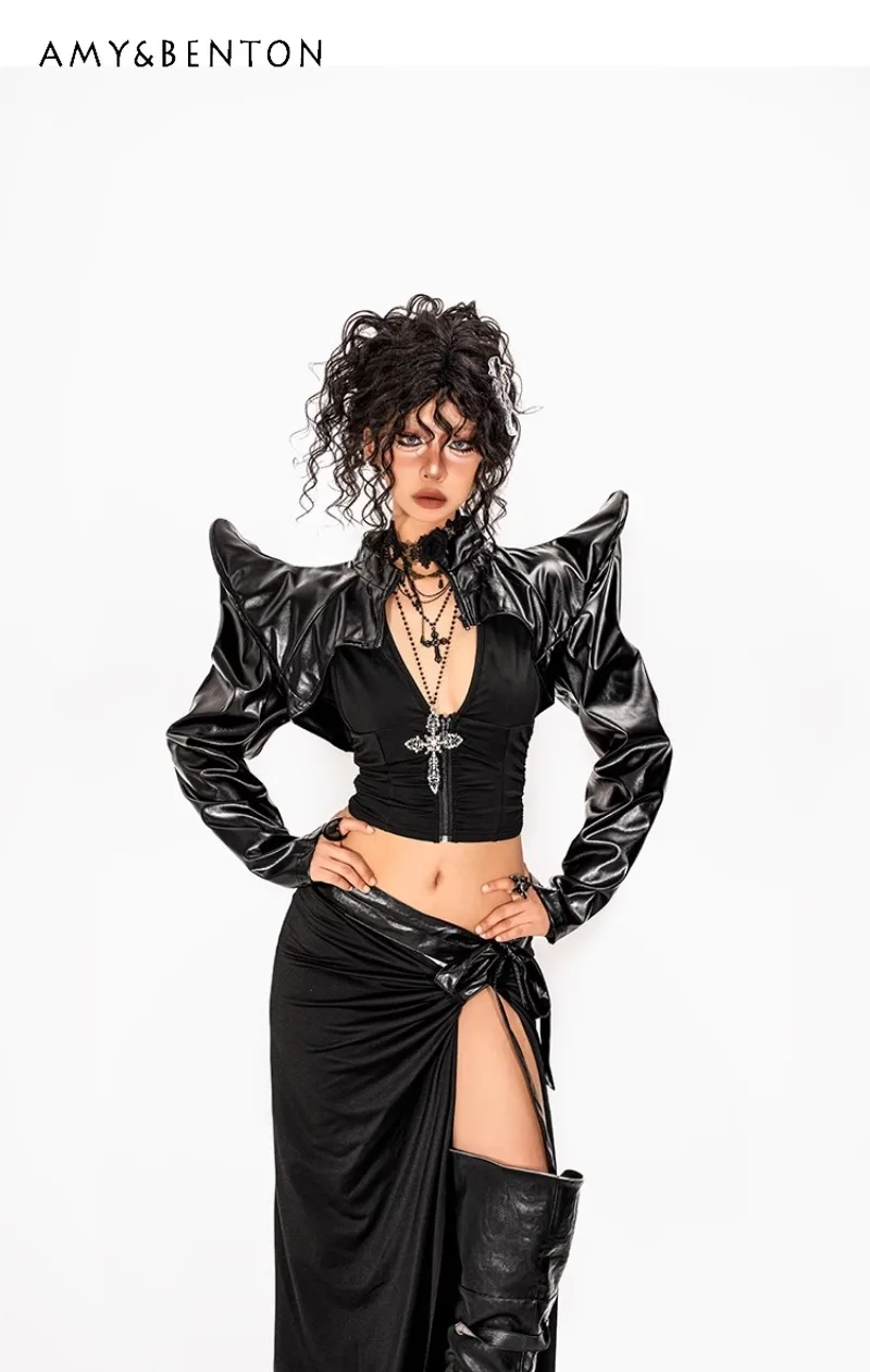 

European Autumn Heavy Locomotive Style Short High-end Cyberpunk Hot Shawl Top Leather Jacket For Women