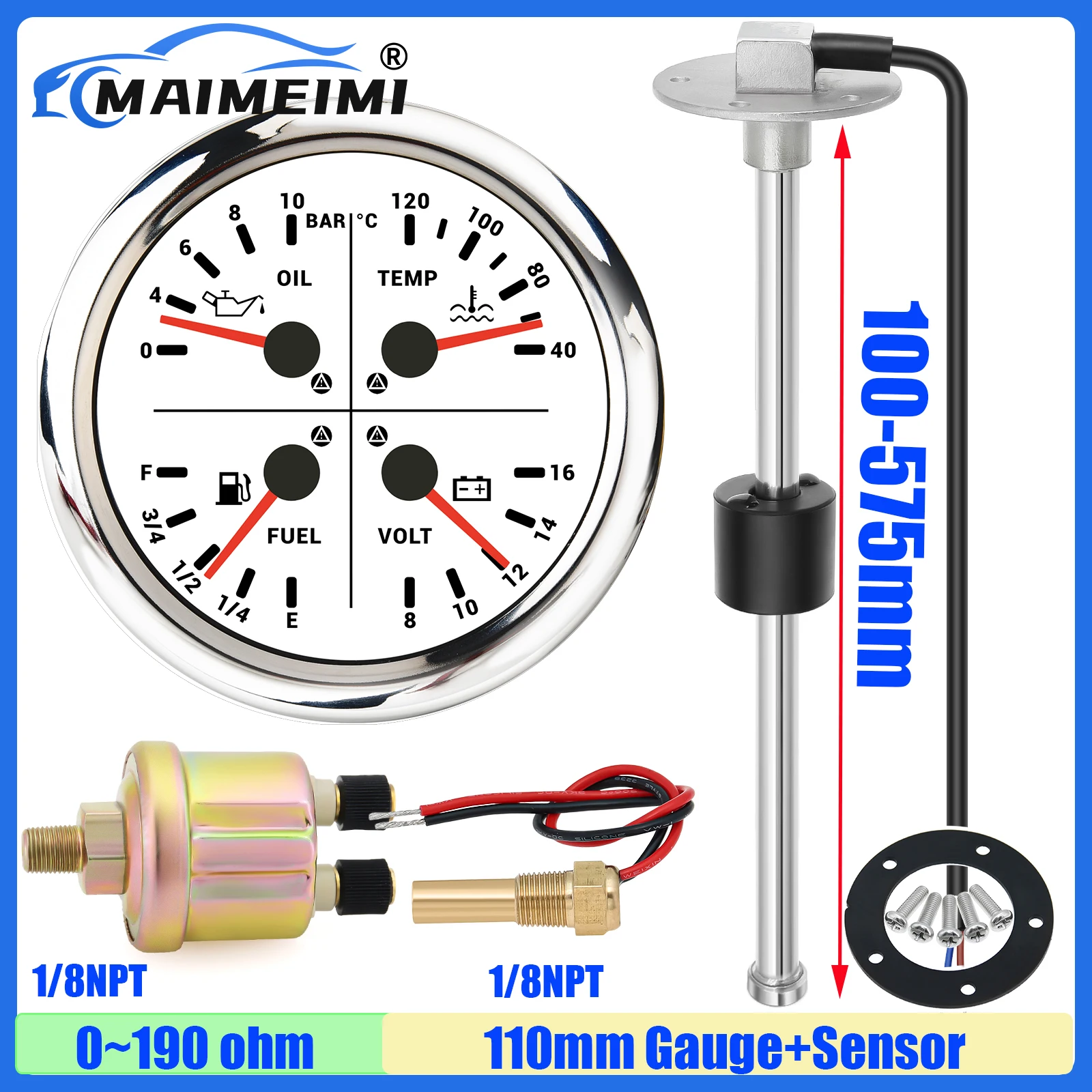 

110mm Multi-Meter Car Boat 4 IN 1 Oil Pressure Gauge+Water Temp+Fuel Gauge+Voltage with Flashing Alarm Oil Level Sensor 0-190ohm