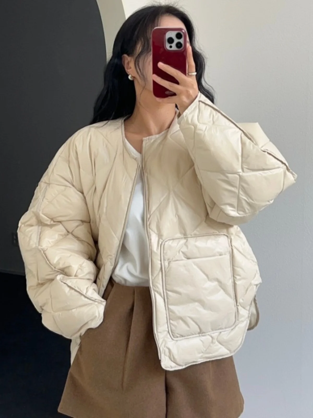 Women's Loose Fit Cotton Jaet Coat Retro round Ne Winter Warmth Interlined Diamond Pattern Long Sve Zipper Closure