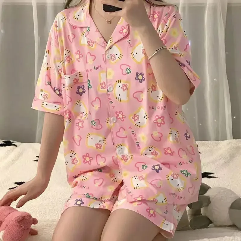 Miniso-Pijama Hello Kitty para meninas, figura dos desenhos animados, roupa interior noturna, doce e adorável, cor rosa, fora e quarto, fofo