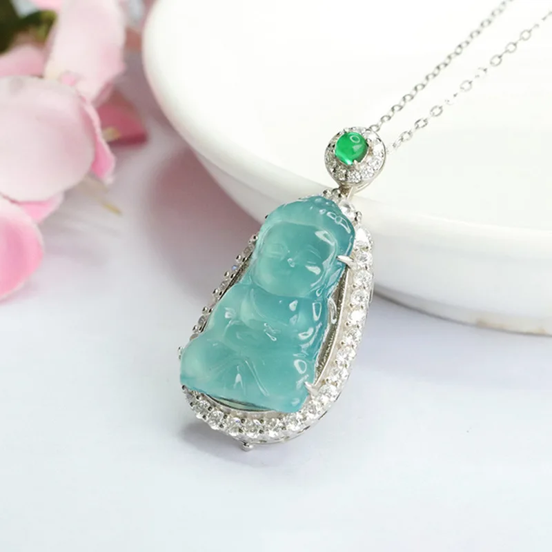 S925 silver inlaid natural jadeite pendant ice blue water baby Buddha necklace