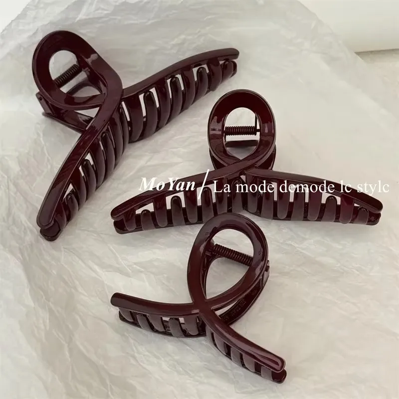 Simple Fashion Slightly Drunk Retro Dark Red Grab Clip Temperament Cross Hairpin Large Back Head Disc Hair Shark Clip