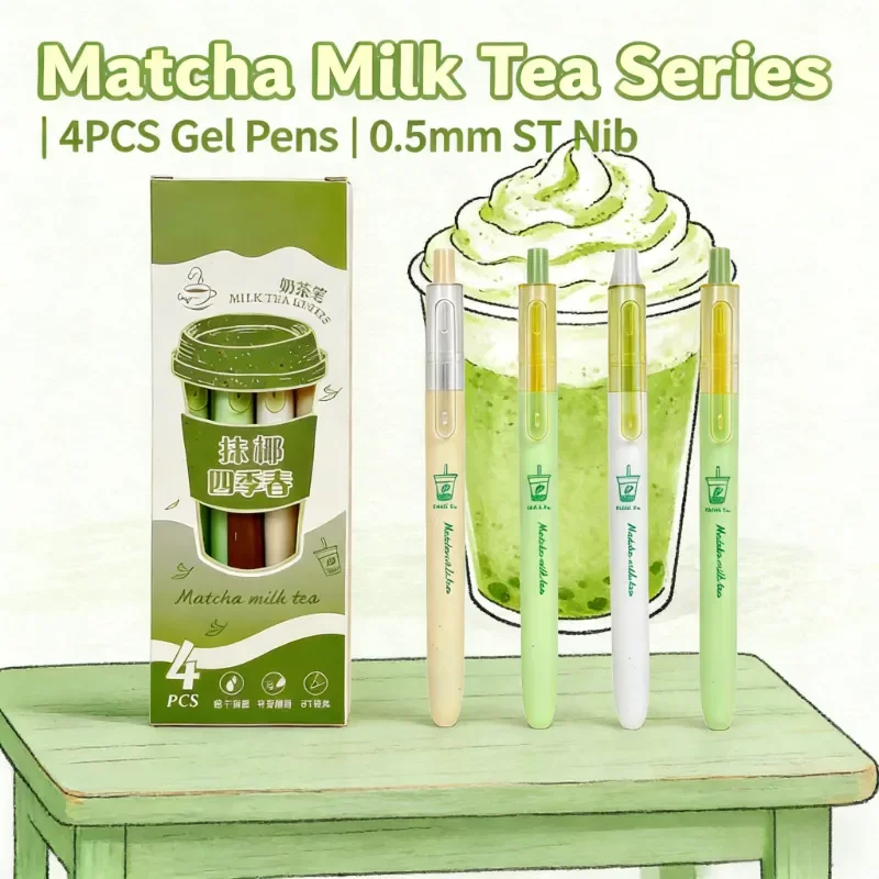 Picture 6: 4-Pack Milk Tea Practice Pens Retractable Quick-Dry Ballpoint Pens Smooth ST Nib Black Pens for Students