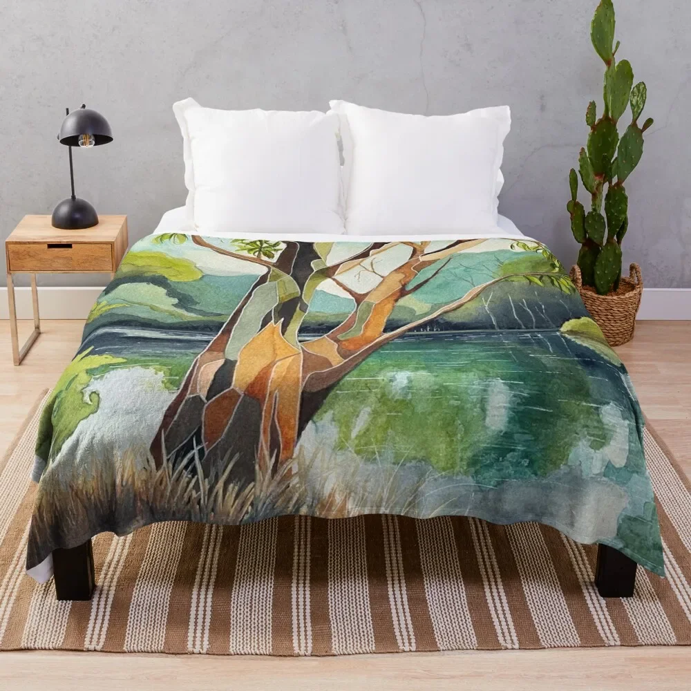 

Abstract watercolour of a gum tree in pretty river setting Throw Blanket halloween blankets and throws for sofa Heavy Blankets